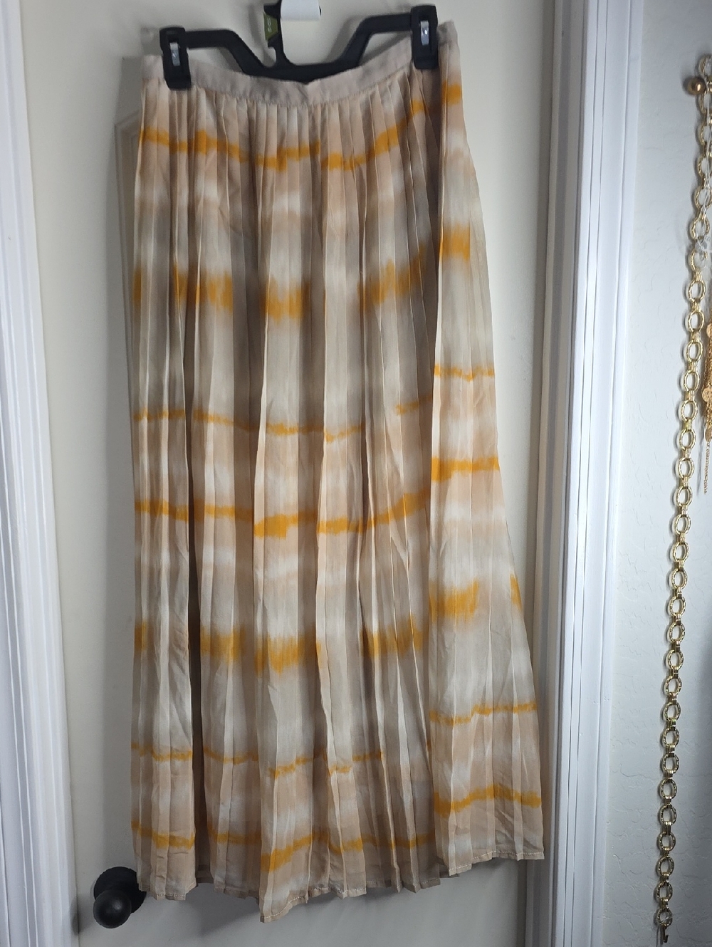 Pleated Beige and Yellow Stripe Maxi Skirt
